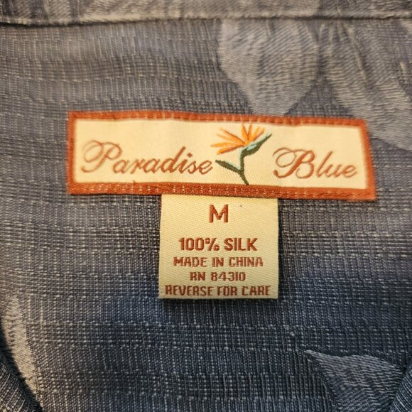 Paradise Blue Hawaiian Shirt 100% Silk Floral Beach Blue Button Up Mens Medium - Picture 8 of 11